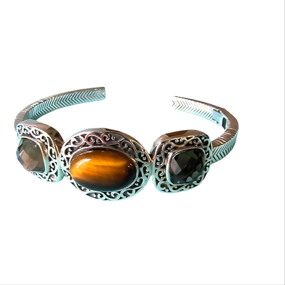 Tiger Eye, Smoky Quartz And Sterling Silver Hinged Cuff Bracelet